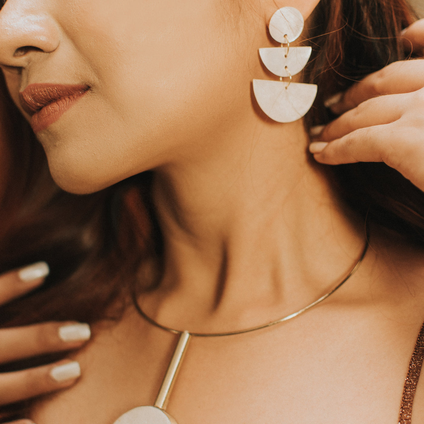 Philippine Capiz shell earrings and capiz brass choker necklace made by Filipino artisans