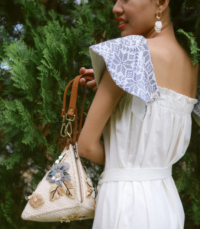Puso Hardin Embroidered Pyramid Clutch in Beige - Rags2Riches