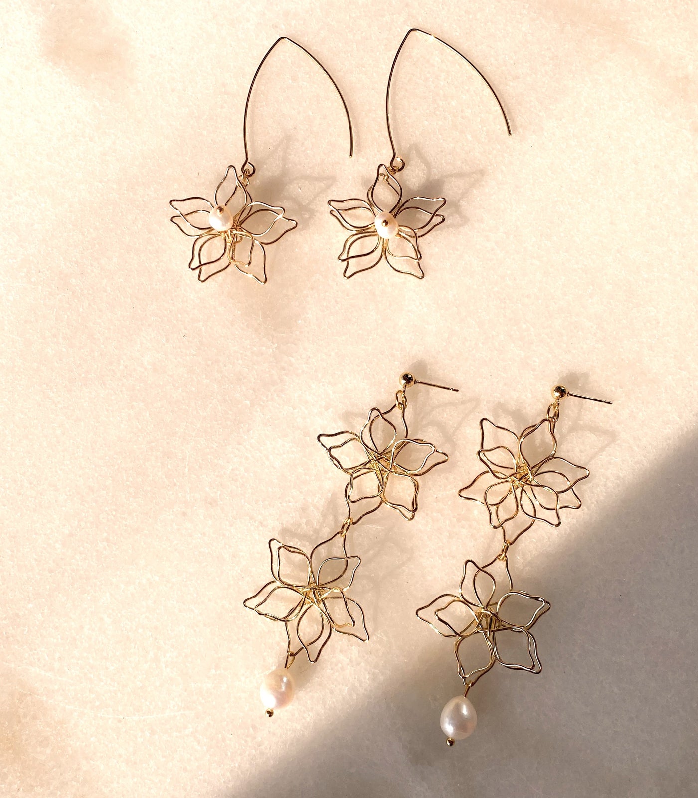 Flora Drop Pearl Earrings & Flora Fino Pearl Threader Earrings - Arete
