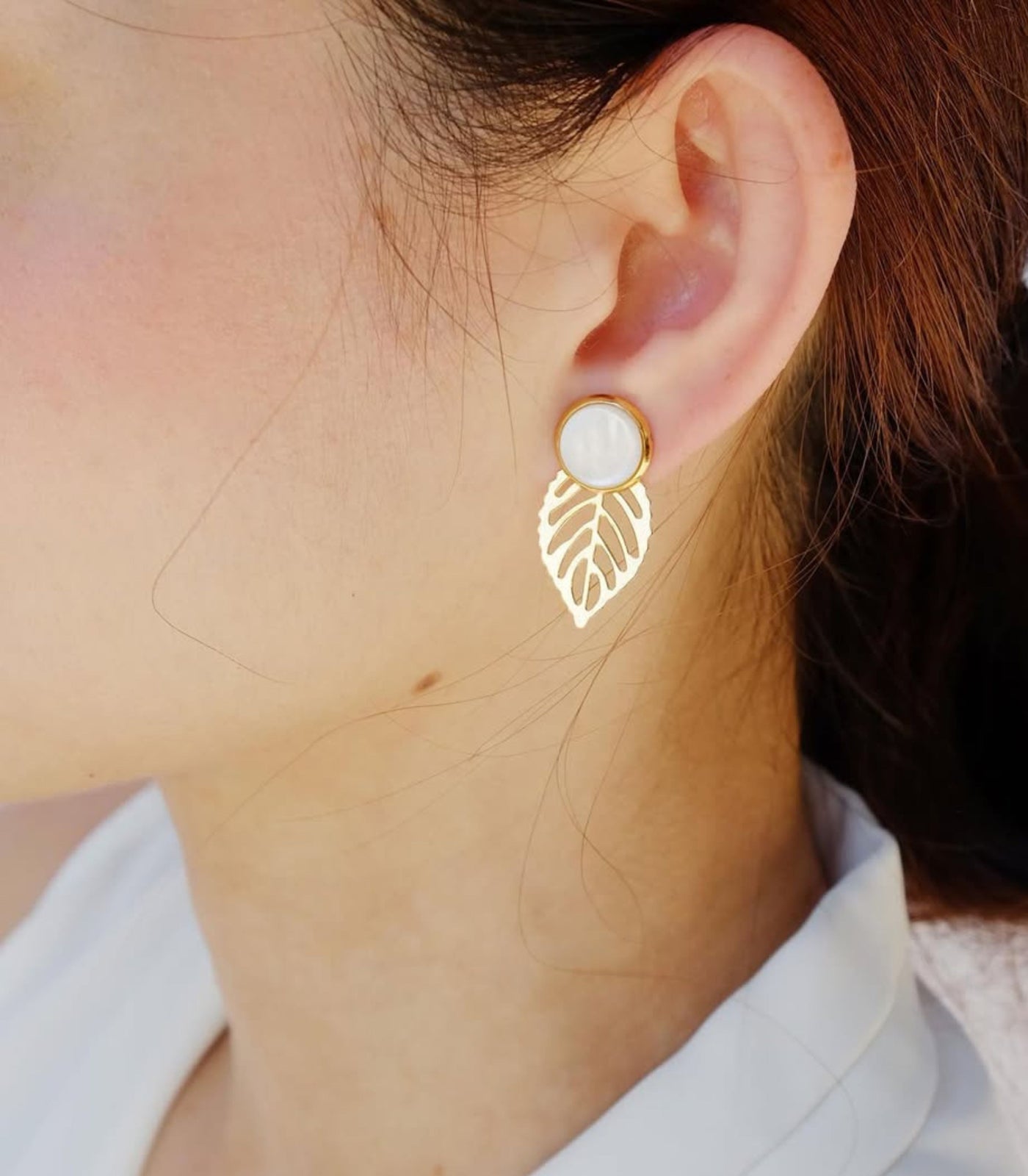 Gina Gold Leaf & Pearl Earrings – Multi-Wear Stud & Dangle in Mother of Pearl - Lily Jewelry