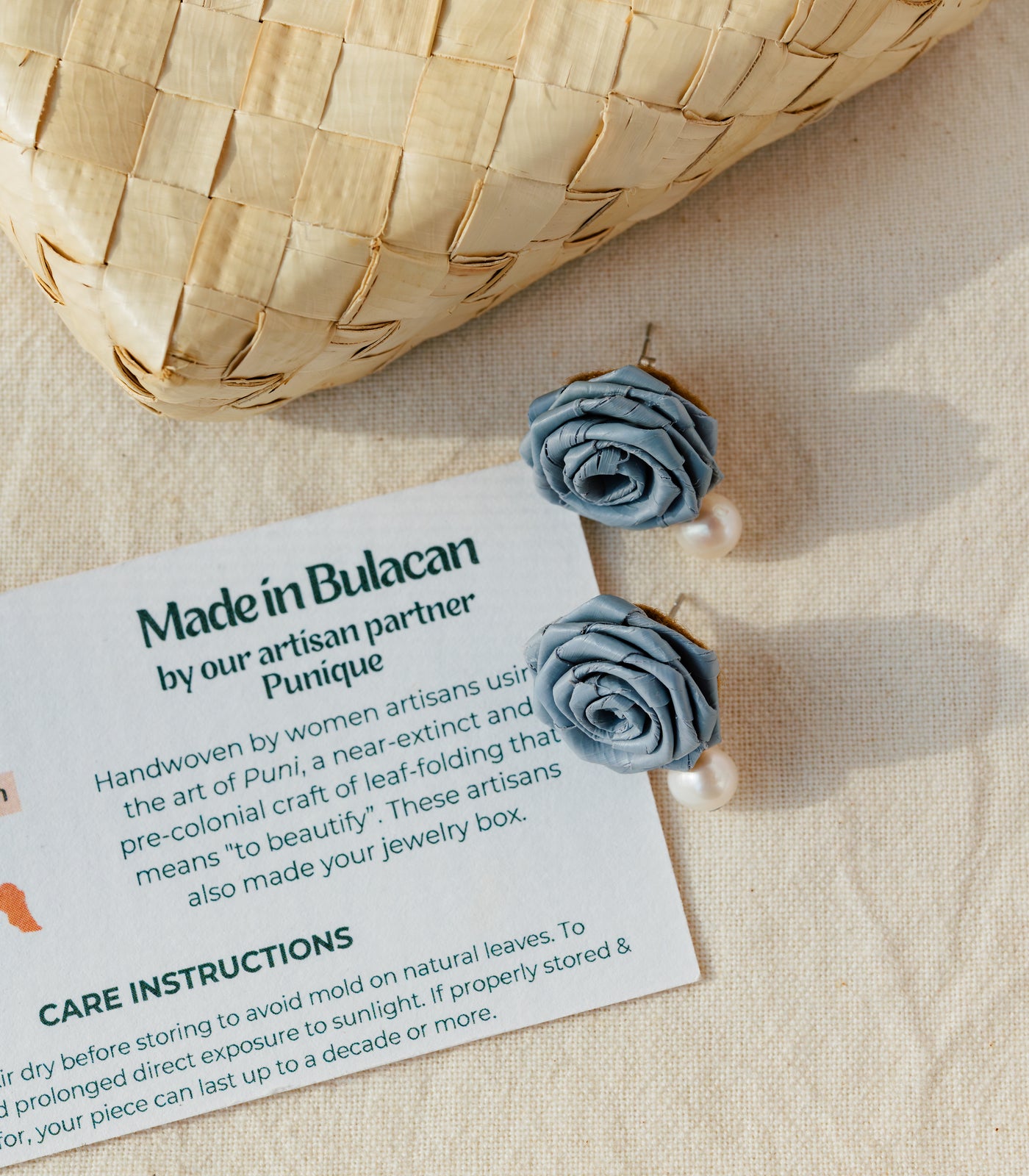 Woven Rosas With Pearls Earrings in Dusty Blue - Punique