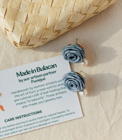 Woven Rosas With Pearls Earrings in Dusty Blue - Punique