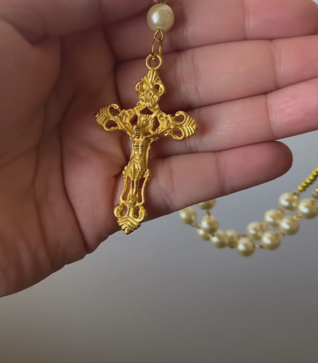 Glossy Pearl Rosary Wedding Unity Cord - Gold